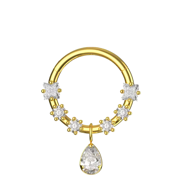 Chirurgenstahl 316L – Conch Segmentring Clicker mit eingefassten Zirkonia & Tropfenanhänger & PVD-Beschichtung 